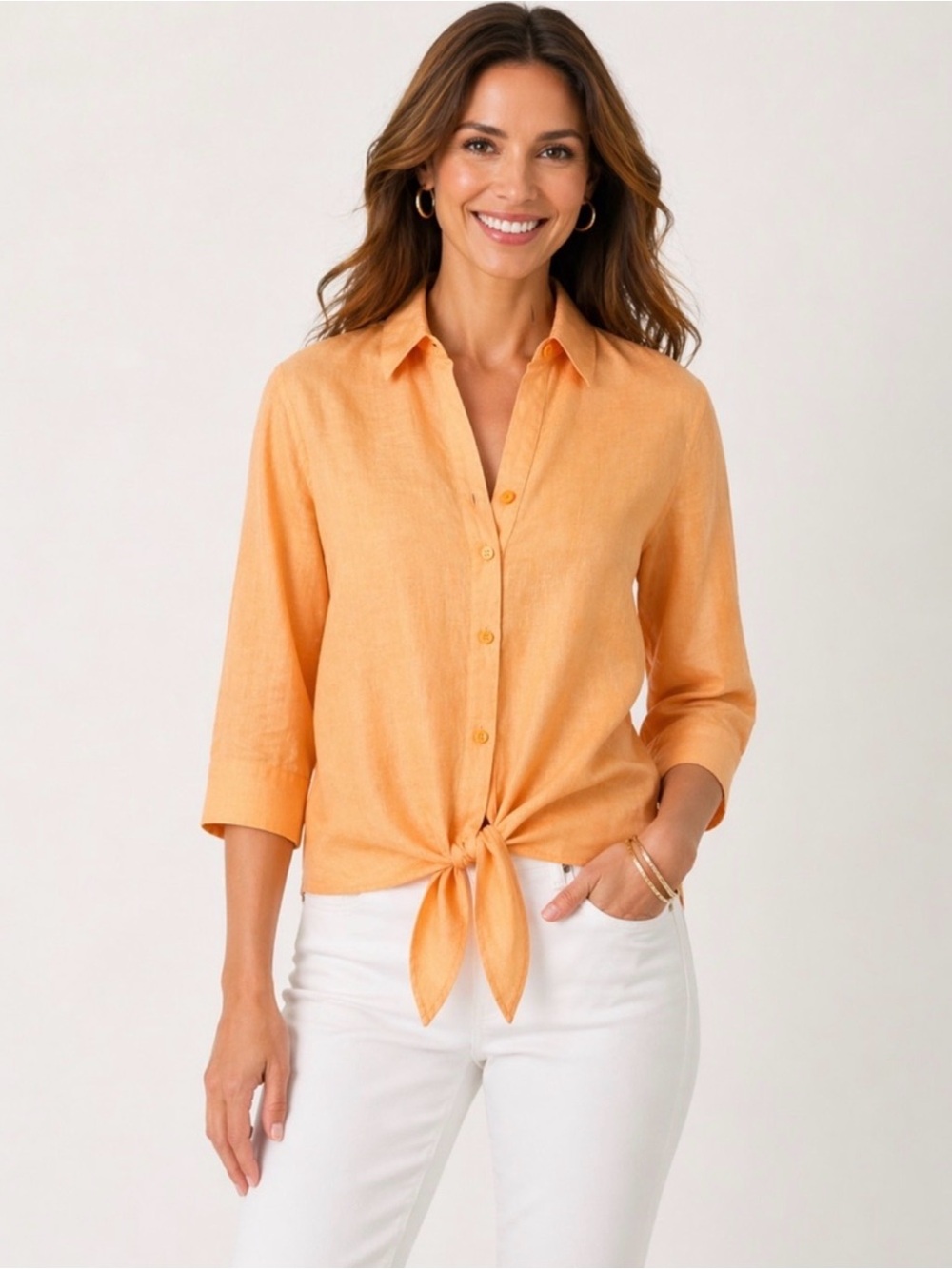 Chico’s No-Iron Linen Button Down Shirt Orange Size 3 XL 16/18